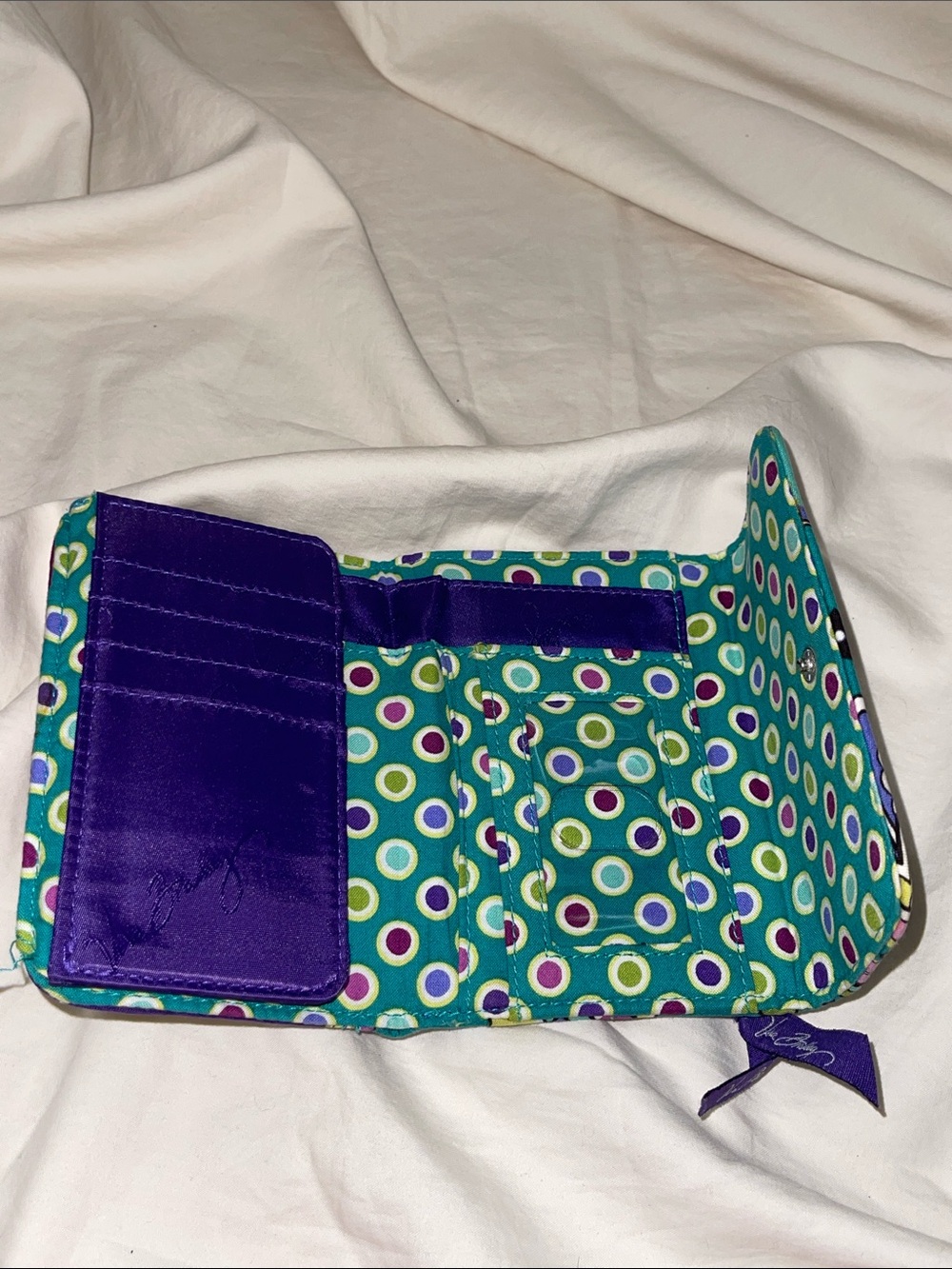 Retired Vera Bradley Heather Teal, Purple & Pink Quilted Floral Bifold Wallet - Picture 4 of 6